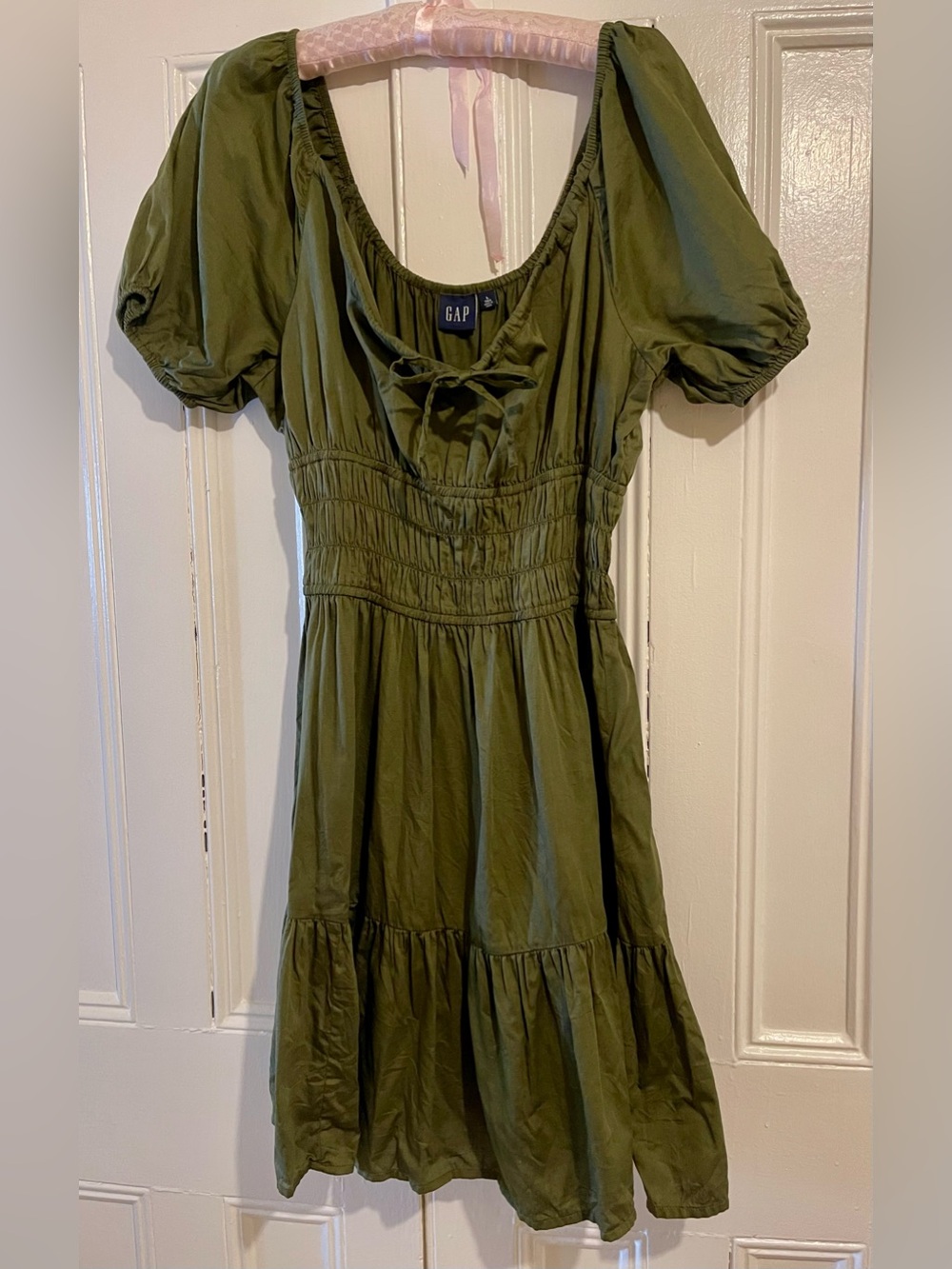 GAP Olive Green Smocked Waist Tiered Dress with Puff Sleeves